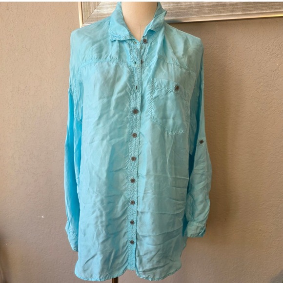 Johnny Was Pete & Greta Women's 100% Silk Tunic Top Roll Tab Sky Blue Shirt Sm - Picture 1 of 7